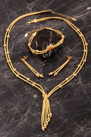 Hasır Dorika Düğüm Tasarım Altın Kaplama Elişi 925 Ayar Gümüş Set 2855