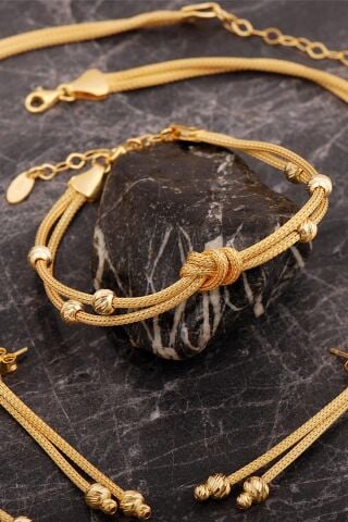 Hasır Dorissa Düğüm Tasarım Altın Kaplama Elişi Gümüş Set 2855