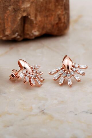 Baget Taşlı Rose Gümüş Yelpaze Küpe 6940