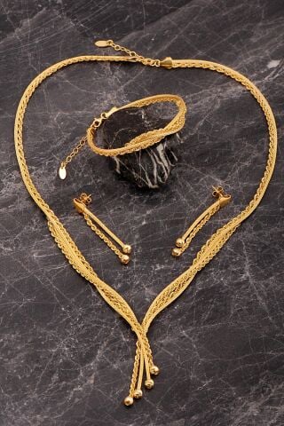 Halat Model Dorika Hasır Burgu Altın Kaplama Elişi 925 Ayar Gümüş Set 2856