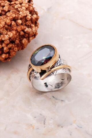 Mistik Topaz Taşlı Elişi Tasarım Gümüş Yüzük 3129