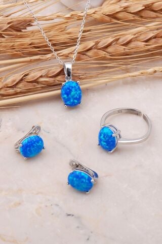 Opal Taşlı Gümüş Tek Taş Üçlü Set 2429