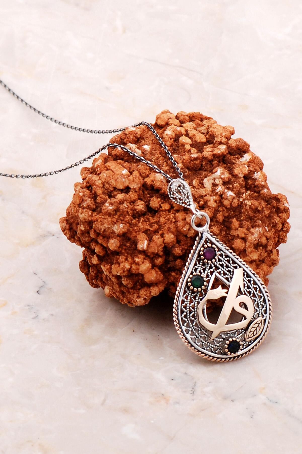 Elif Vav Yazılı Telkari İşlemeli Gümüş Kolye 6773