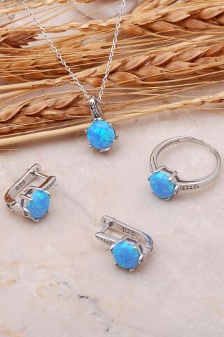 Opal Taşlı Gümüş Tek Taş Üçlü Set 2431