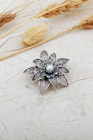 İncili Lotus Telkari Elişi Gümüş Broş 360