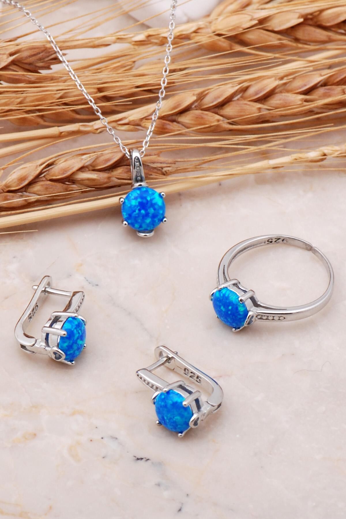 Opal Taşlı Gümüş Tek Taş Üçlü Set 2432