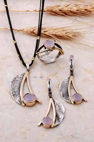 Pembe Quartz Taşlı Yaprak Tasarım Elişi Gümüş Set 1994