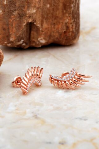 Melek Kanadı Taşlı Rose Gümüş Küpe 6946