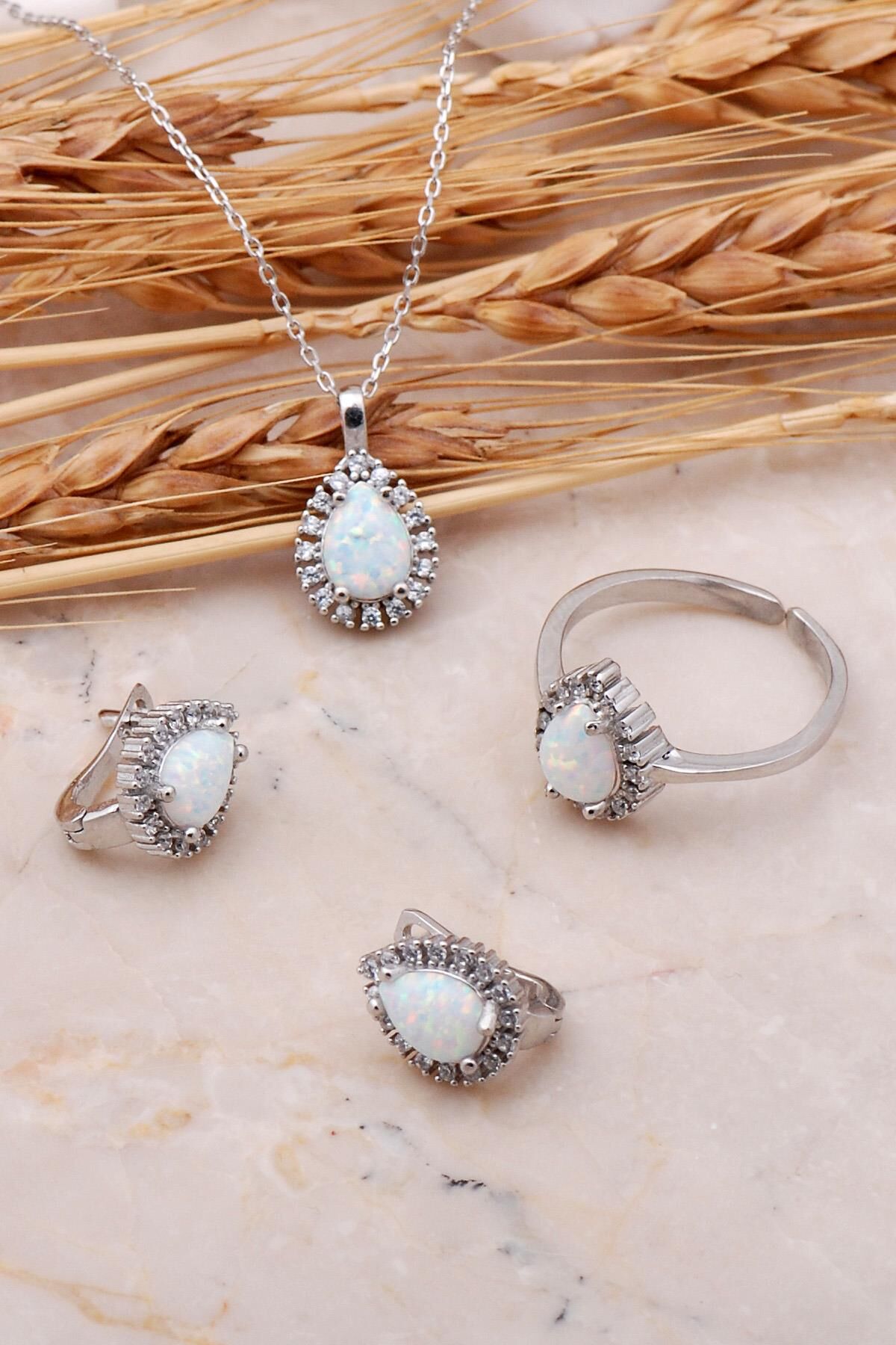 Opal Taşlı Damla Gümüş Üçlü Set 2436