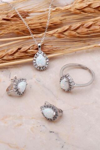 Opal Taşlı Damla Gümüş Üçlü Set 2436