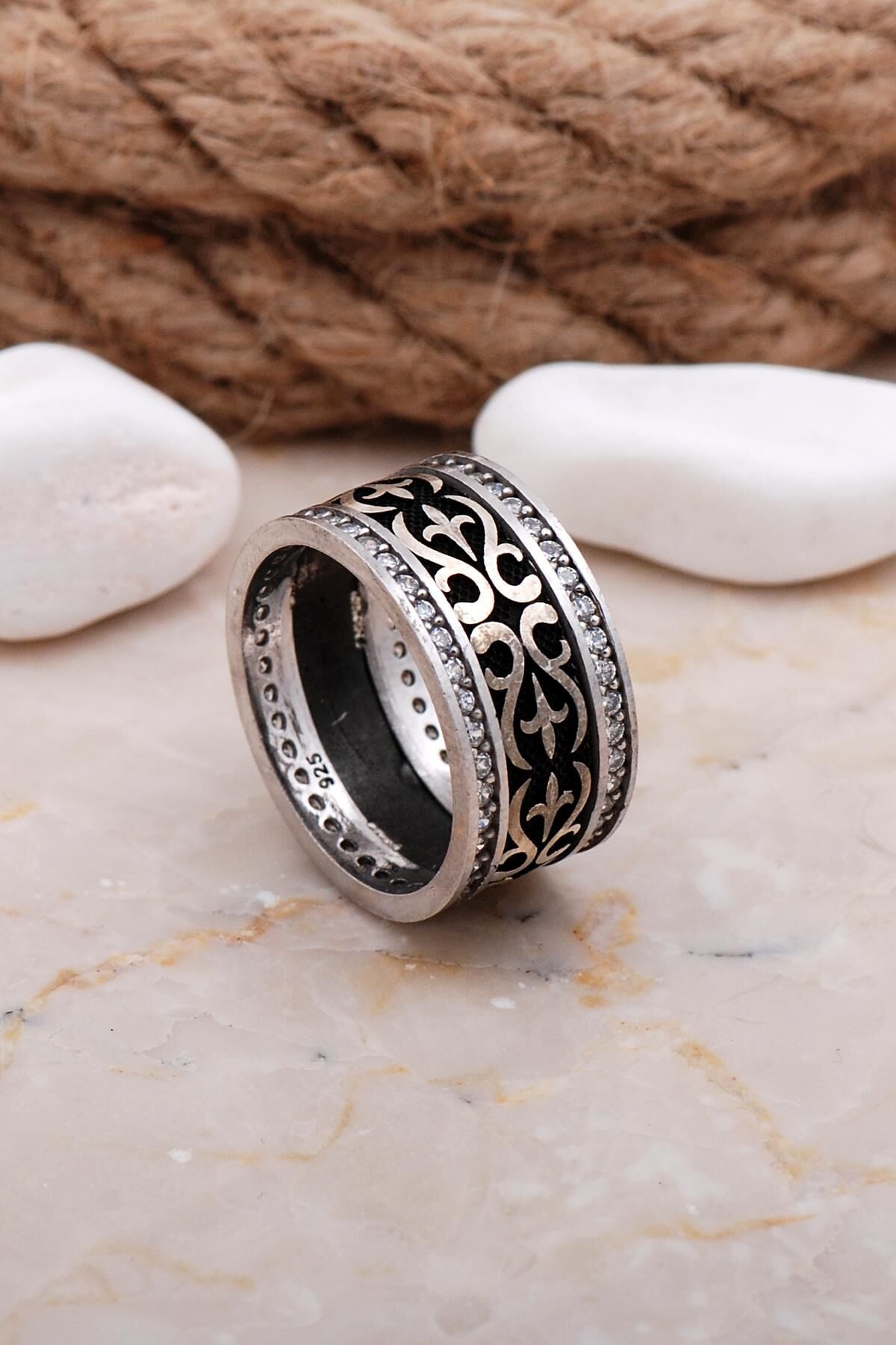 Tasarım Elişi Taşlı Gümüş Kadın Alyans 01