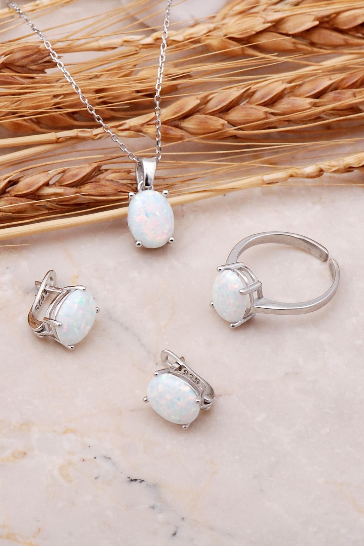Opal Taşlı Gümüş Tek Taş Üçlü Set 2438