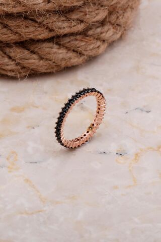 Tamtur Tek Sıra Siyah Taşlı Rose Gümüş Yüzük 2661