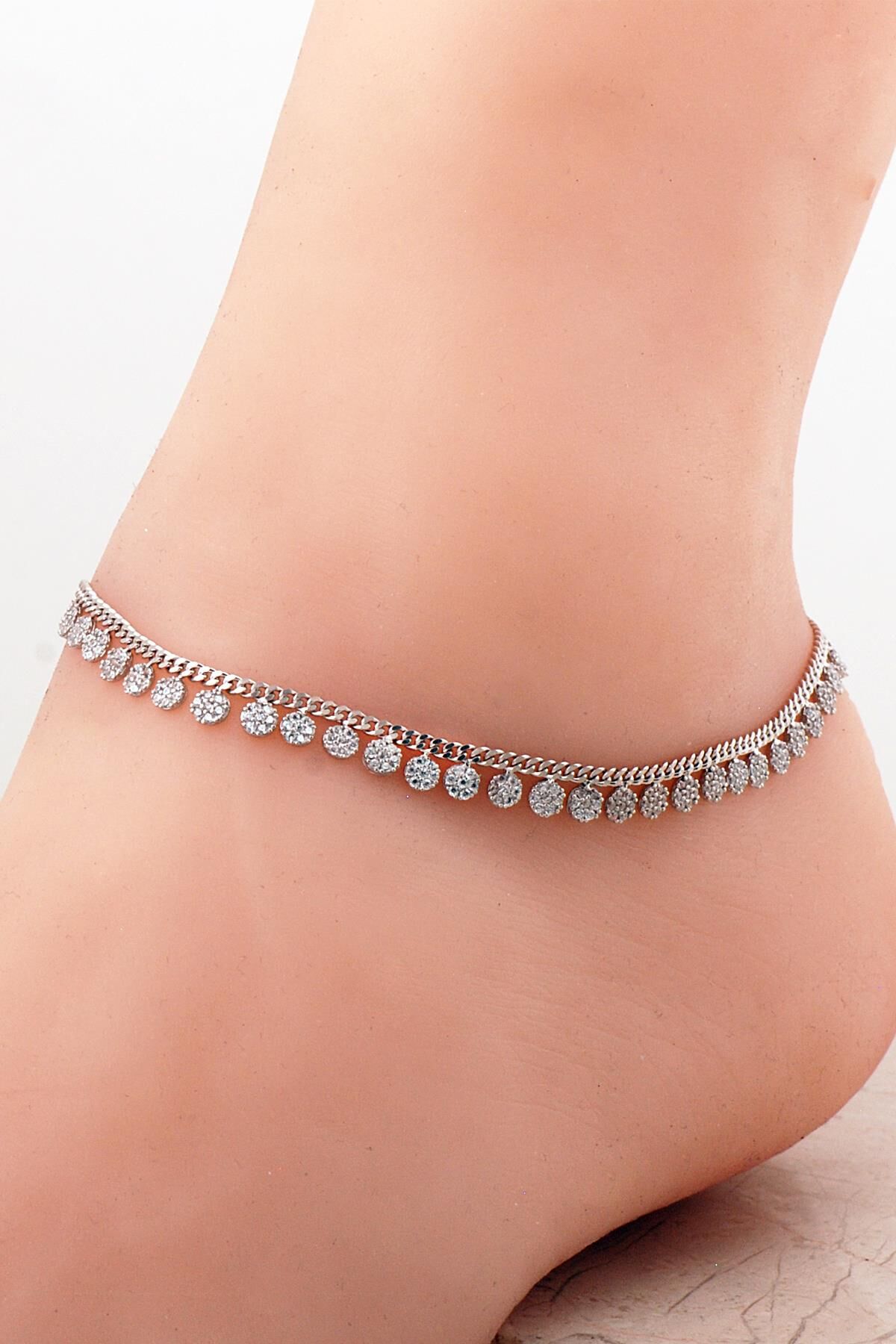 Gurmet Sıra Taşlı Rodyumlu Gümüş Halhal 351