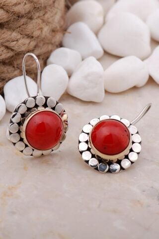 Mercan Taşlı Pullu Elişi Gümüş Küpe 5613