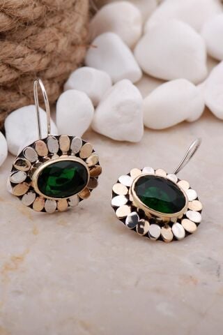 Zümrüt Taşlı Pullu Elişi Gümüş Küpe 5614