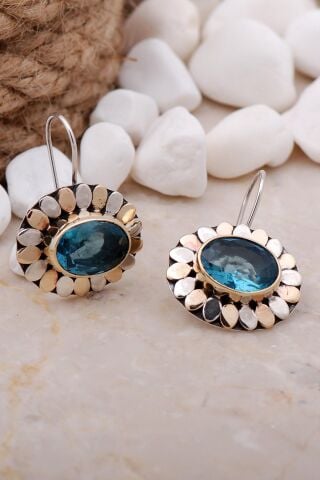 Akuamarin Taşlı Pullu Elişi Gümüş Küpe 5615