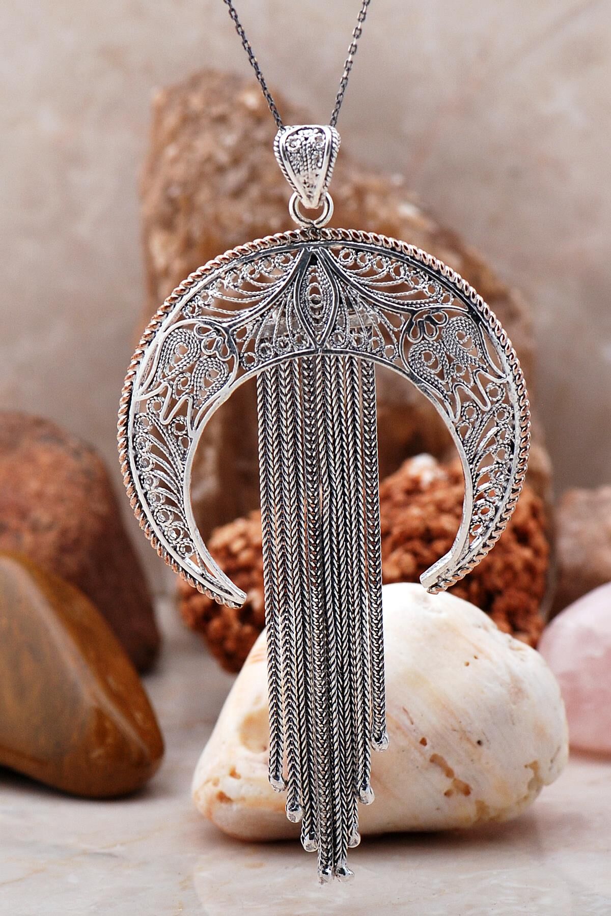 Telkari İşlemeli Ay Tasarımlı Gümüş Kolye 6786