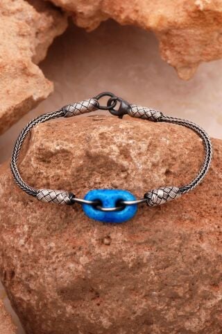 Süryani Nazar Boncuğu Kazaziye İşlemeli Oksitli Gümüş Bileklik 4374