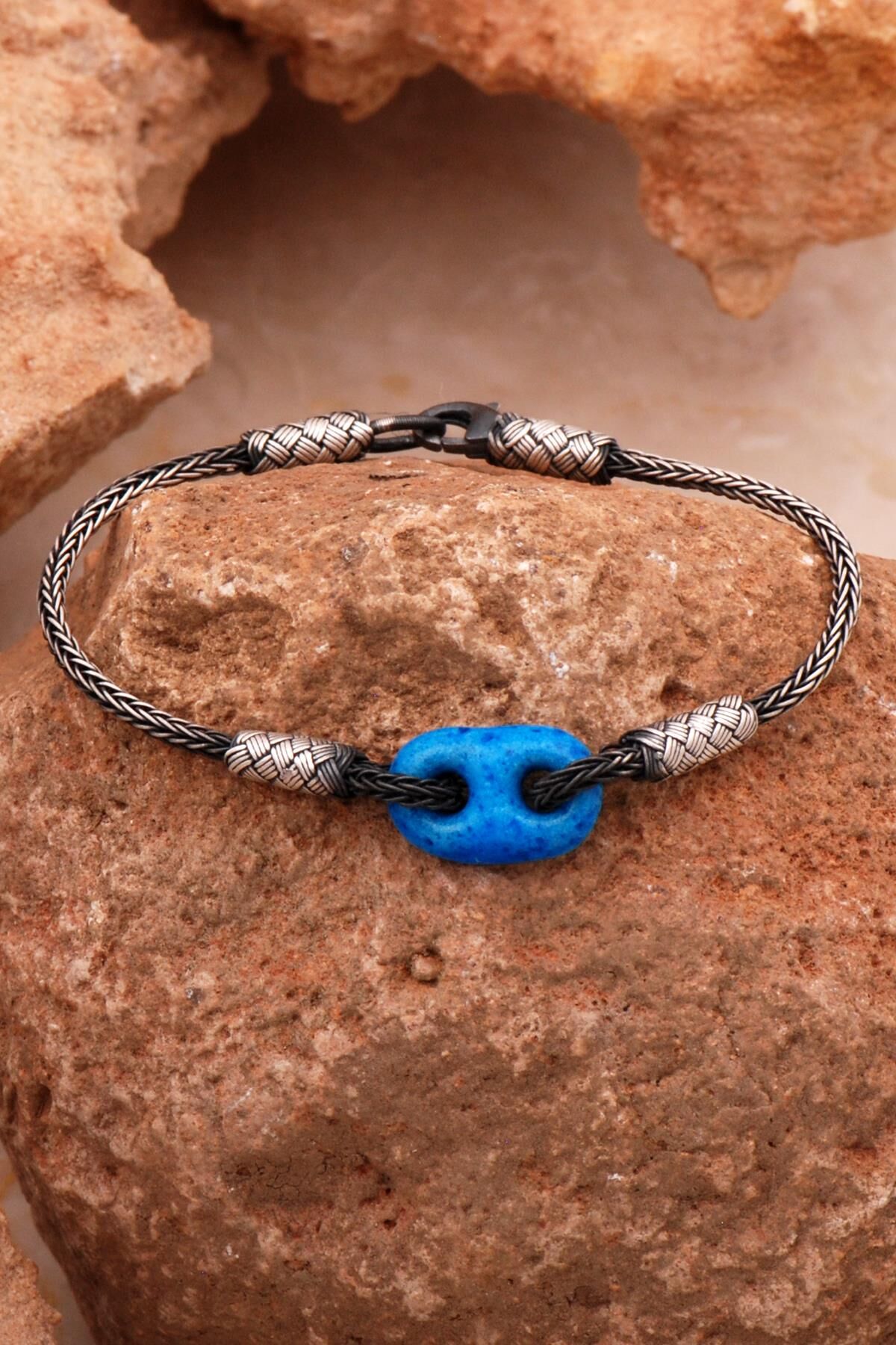 Süryani Nazar Boncuğu Kazaziye İşlemeli Oksitli Gümüş Bileklik 4376