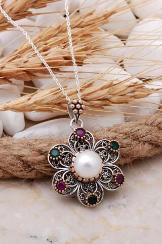 Telkari İşlemeli İnci Taşlı Papatya Gümüş Kolye 6787