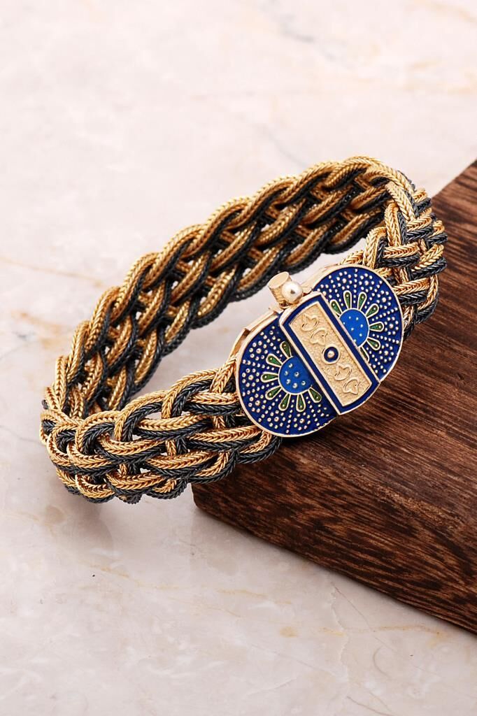 Mardin Güneşi Altın Yaldızlı Mineli El Örmesi 925 Ayar Gümüş Hasır Bileklik 2297