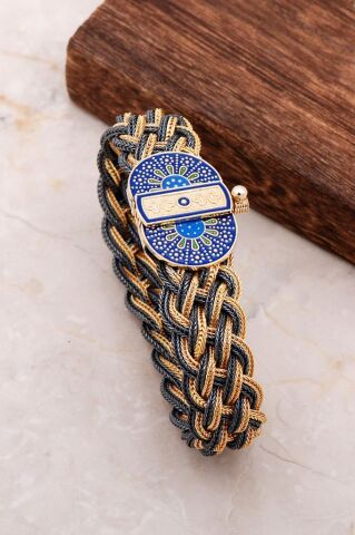 Mardin Güneşi Altın Yaldızlı Mineli El Örmesi 925 Ayar Gümüş Hasır Bileklik 2297