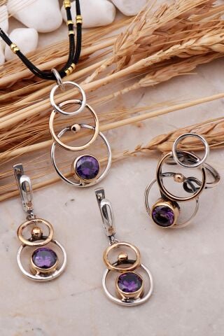 Ametist Taşlı Tasarım Elişi Gümüş Set 2440