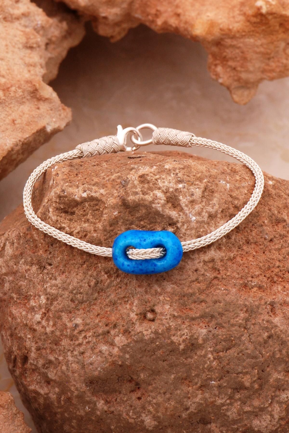 Süryani Nazar Boncuğu Kazaziye İşlemeli Gümüş Bileklik 4381