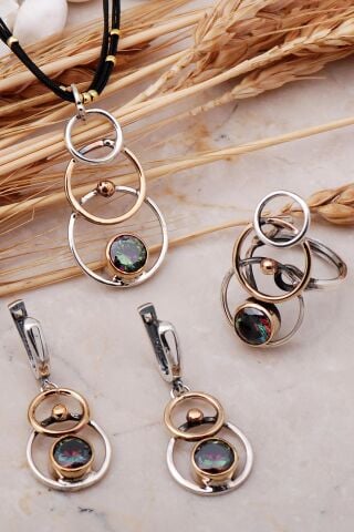 Mistik Topaz Taşlı Tasarım Elişi Gümüş Set 2442