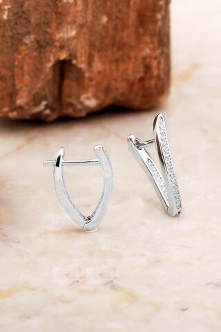 Tasarım Taşlı Rodyumlu Zarif Gümüş üçgen Küpe 6965