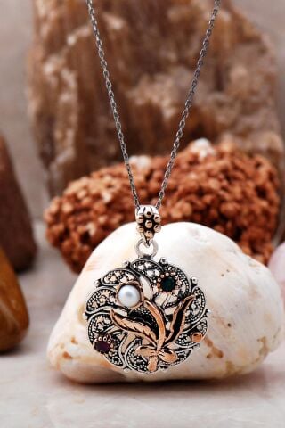 Telkari İşlemeli İnci Taşlı Rüzgar Gülü Gümüş Kolye 6794