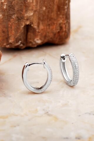 Yarımtur 14 Mm Rodyumlu Taşlı Gümüş Halka Küpe 6967