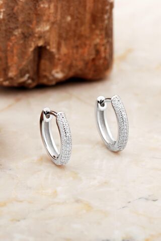 Yarımtur 14 Mm Rodyumlu Taşlı Gümüş Halka Küpe 6967