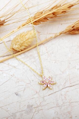 Pembe Taşlı Lotus Çiçeği Altın Kaplama Gümüş Kolye 8087