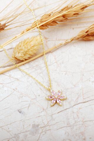 Pembe Taşlı Lotus Çiçeği Altın Kaplama Gümüş Kolye 8087