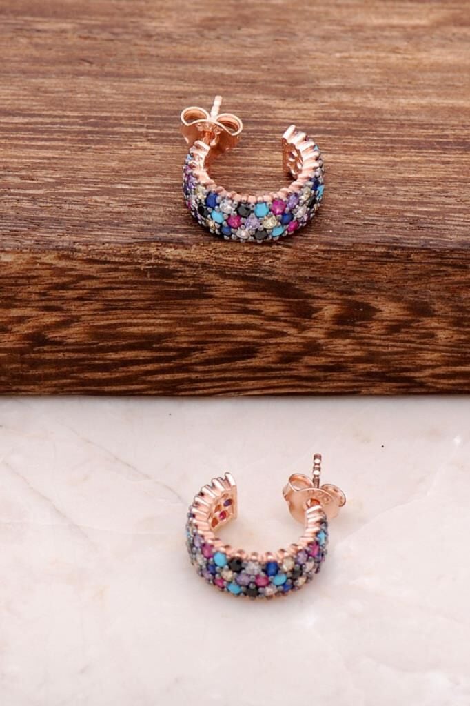 Tamtur Mix Taşlı Tasarım Rose Gümüş Küpe 2542