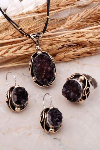Doğal Ametist Taşlı Elişi Gümüş Set 2448