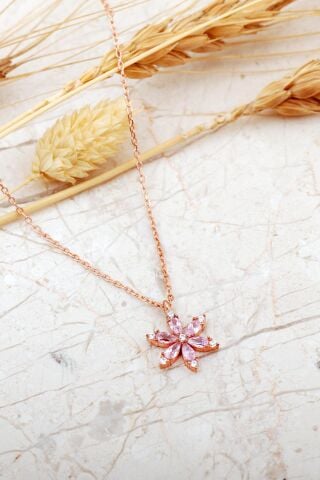 Pembe Taşlı Lotus Çiçeği Rose Kaplama Gümüş Kolye 8088