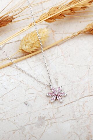 Pembe Taşlı Lotus Çiçeği Rodyum Kaplama Gümüş Kolye 8089