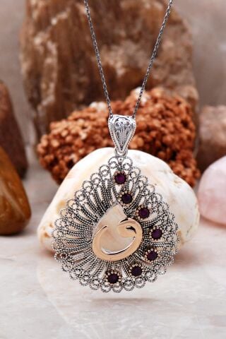 Telkari İşlemeli Vav Harfli Kök Yakut Taşlı Gümüş Kolye 3891