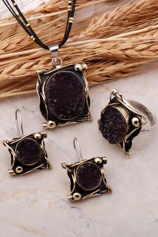 Doğal Ametist Taşlı Elişi Gümüş Set 2450