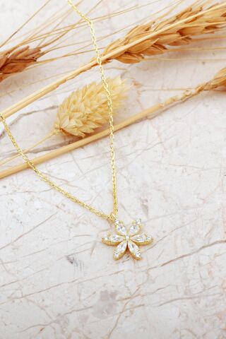 Taşlı Lotus Çiçeği Altın Kaplama Gümüş Kolye 8090