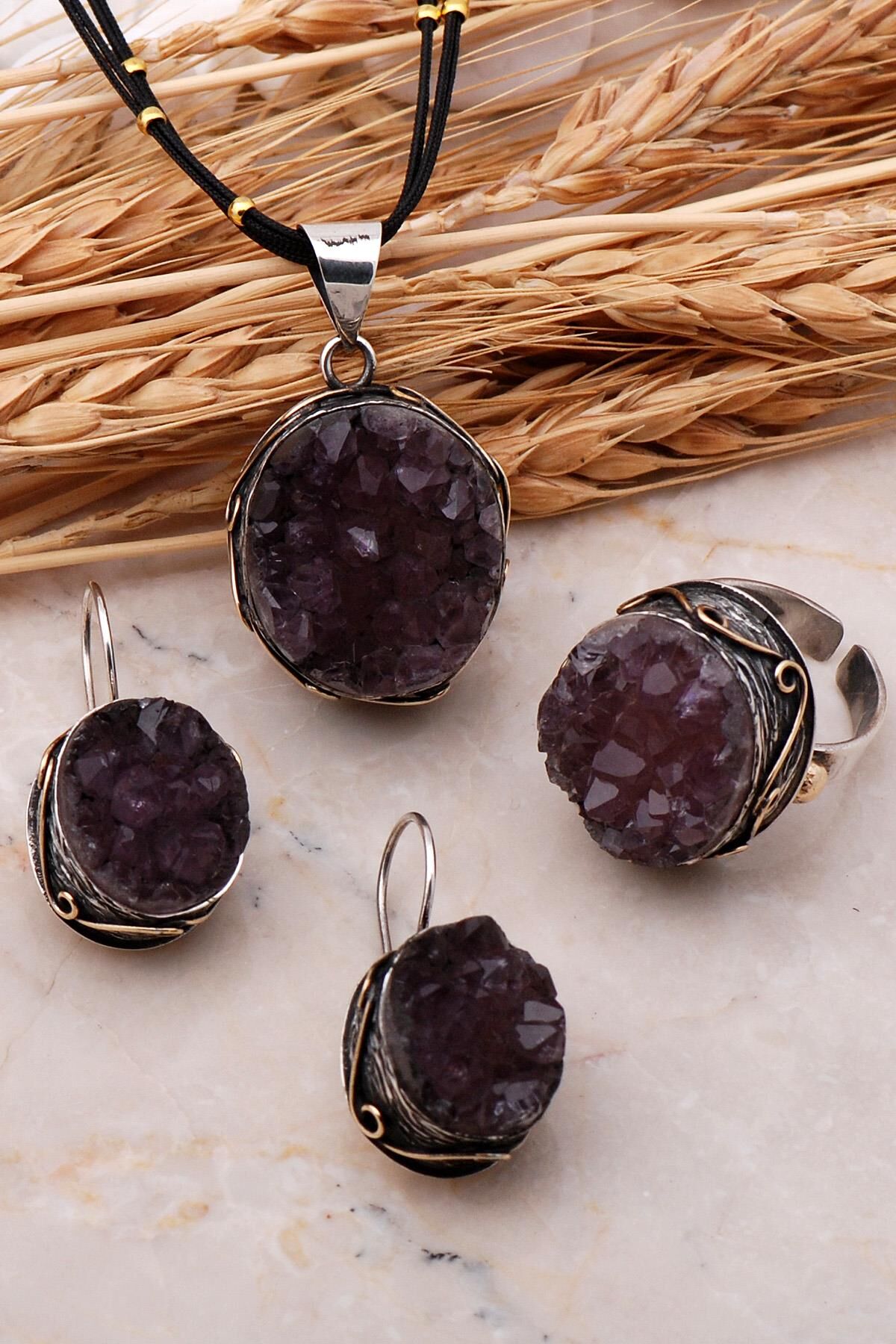 Doğal Ametist Taşlı Elişi Gümüş Set 2451