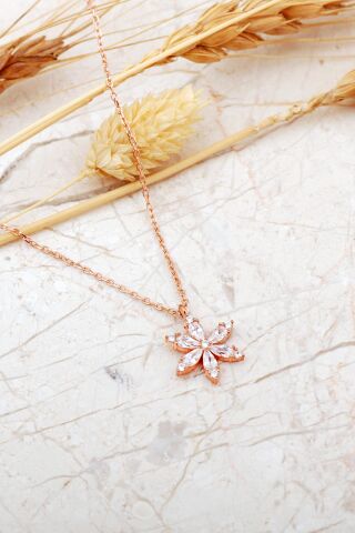 Taşlı Lotus Çiçeği Rose Gümüş Kolye 8091