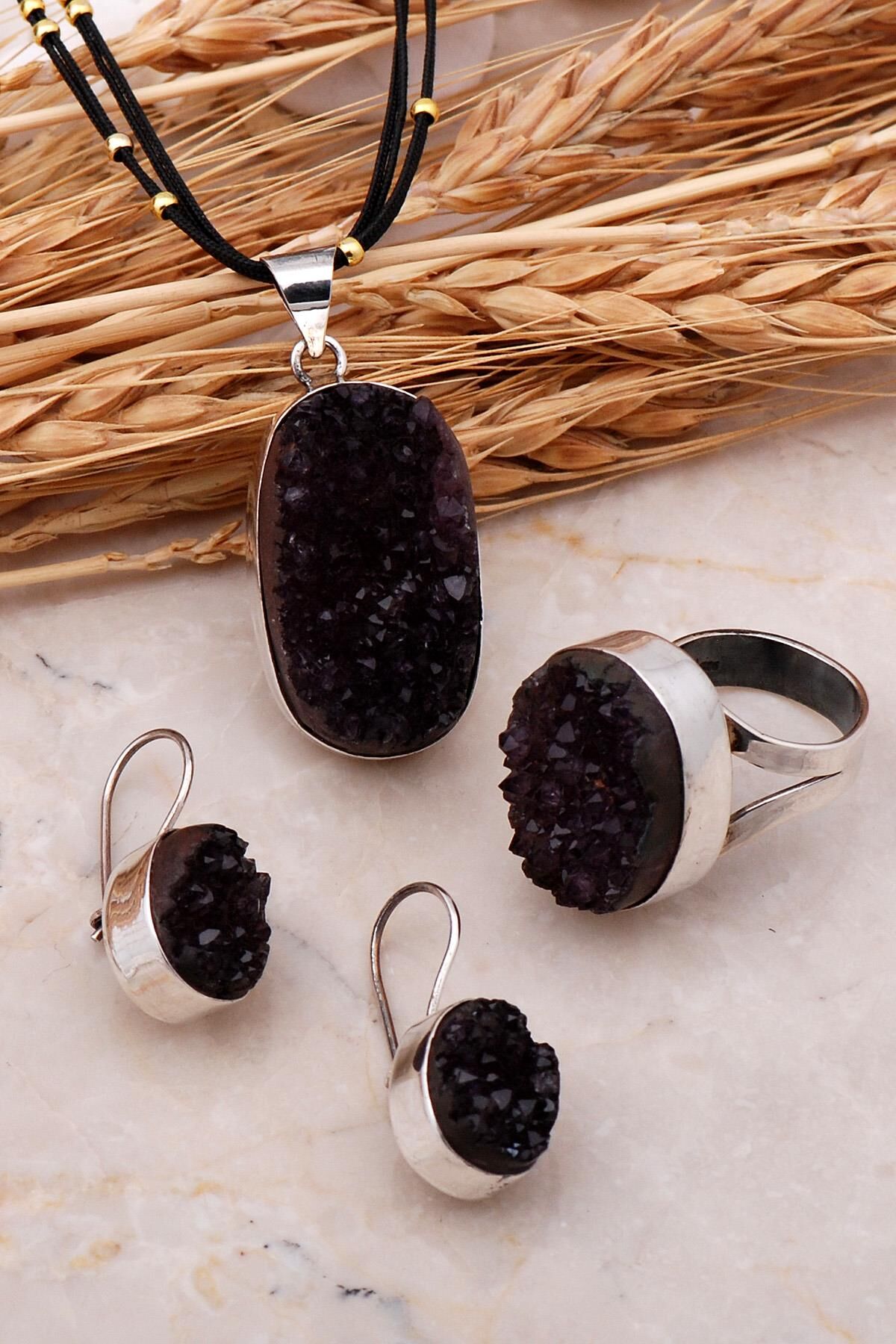 Doğal Ametist Taşlı Elişi Gümüş Set 2452