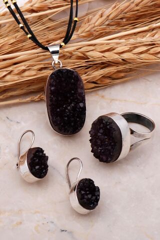 Doğal Ametist Taşlı Elişi Gümüş Set 2452