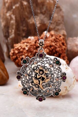 Telkari İşlemeli Kök Yakut Kök Zümrüt Taşlı Gümüş Kolye 3894