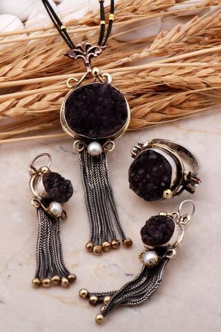 Doğal Ametist Taşlı Püsküllü Elişi Gümüş Set 2453