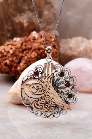 Telkari İşlemeli Osmanlı Tuğralı Kök Yakut Kök Zümrüt Taşlı Gümüş Kolye 3895